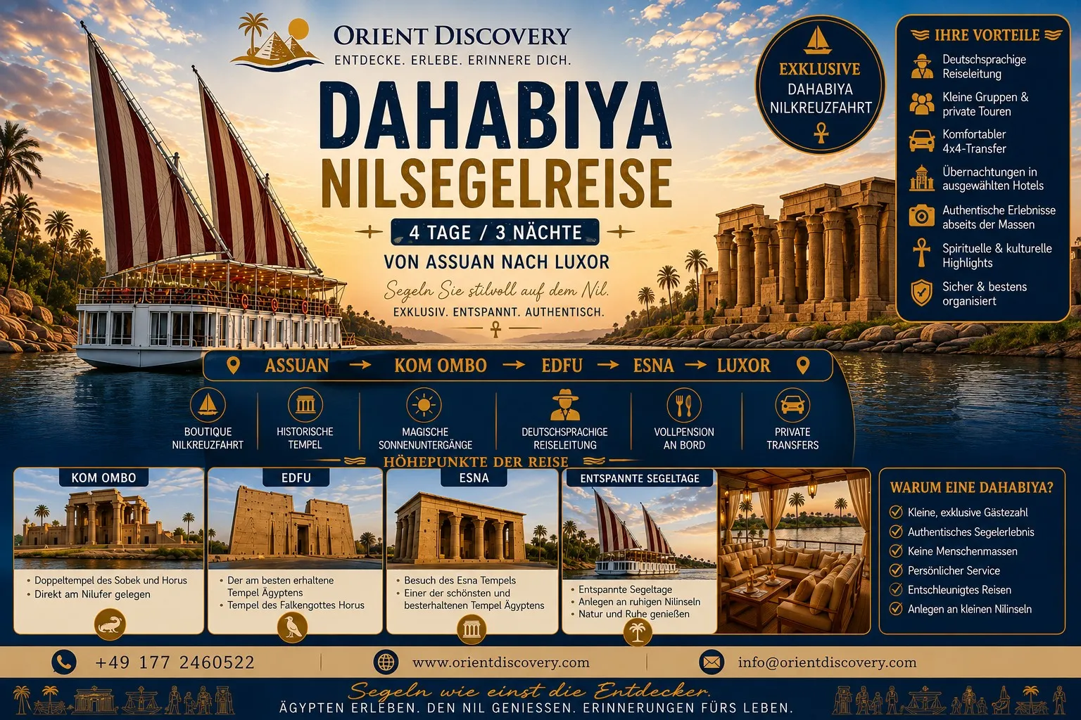 Dahabiya – Nilkreuzfahrt 4 Tage / 3 Nächte - Assuan → Luxor